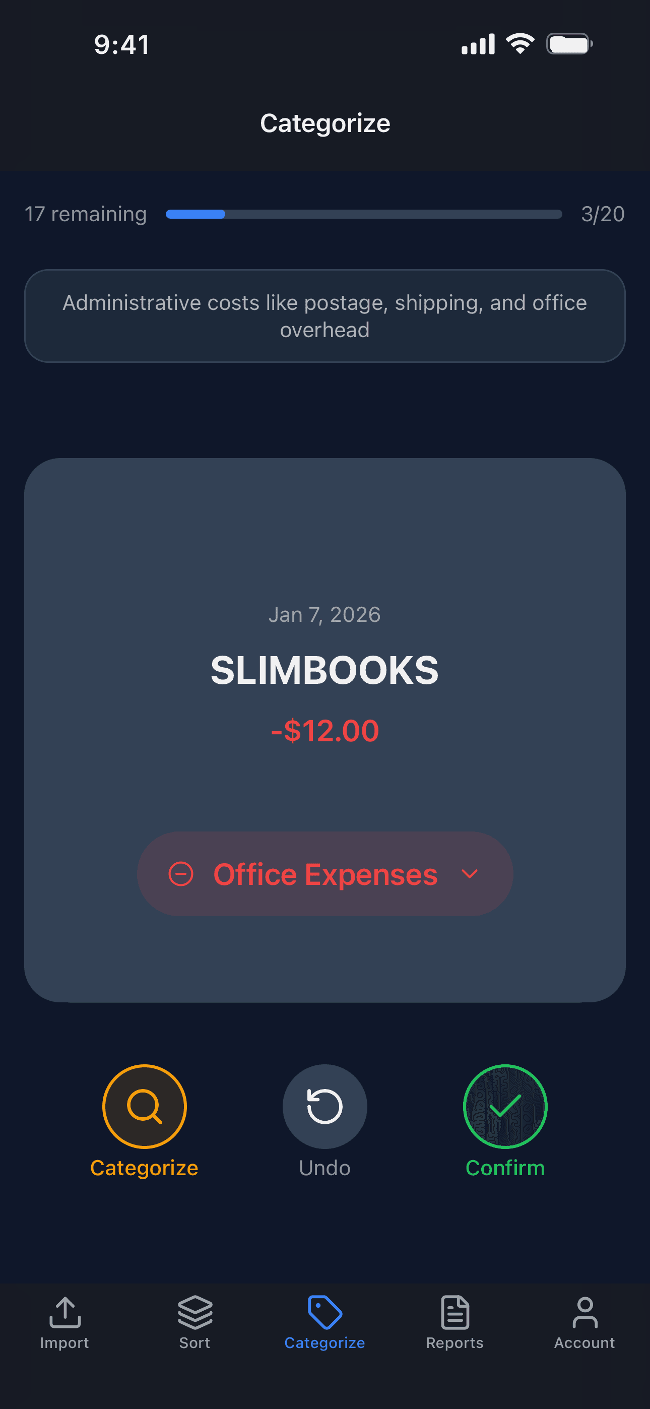 The SlimBooks Categorize screen suggesting the Office Expenses category for a transaction