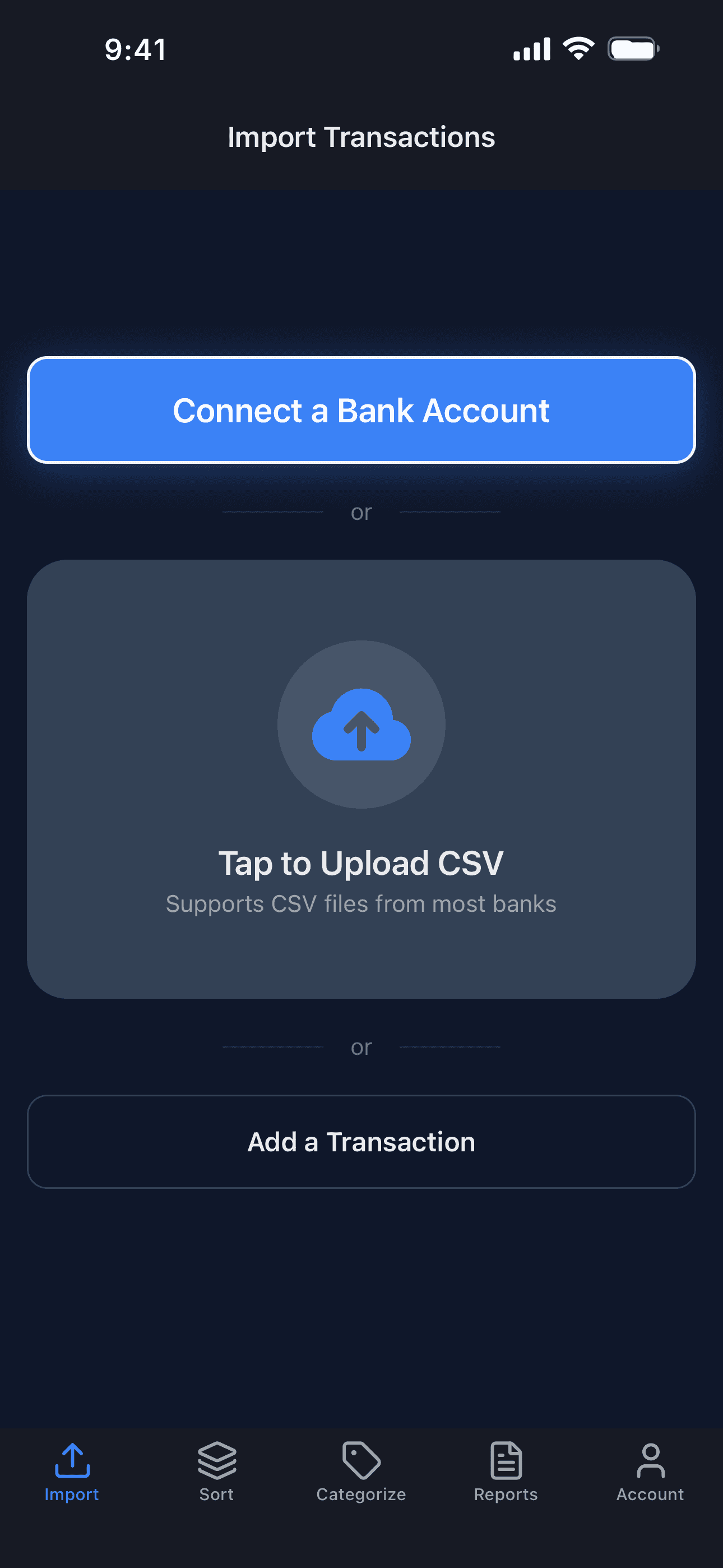 The SlimBooks Import screen: connect a bank, upload a file, or add a transaction