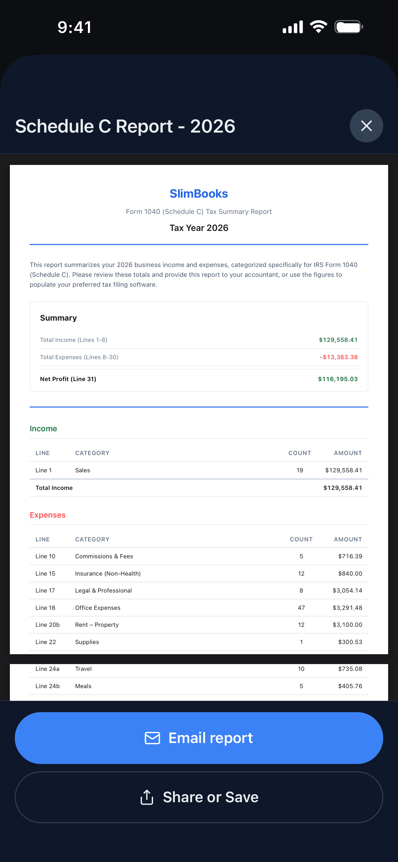 A SlimBooks Schedule C summary: income, expenses and net profit by IRS line number