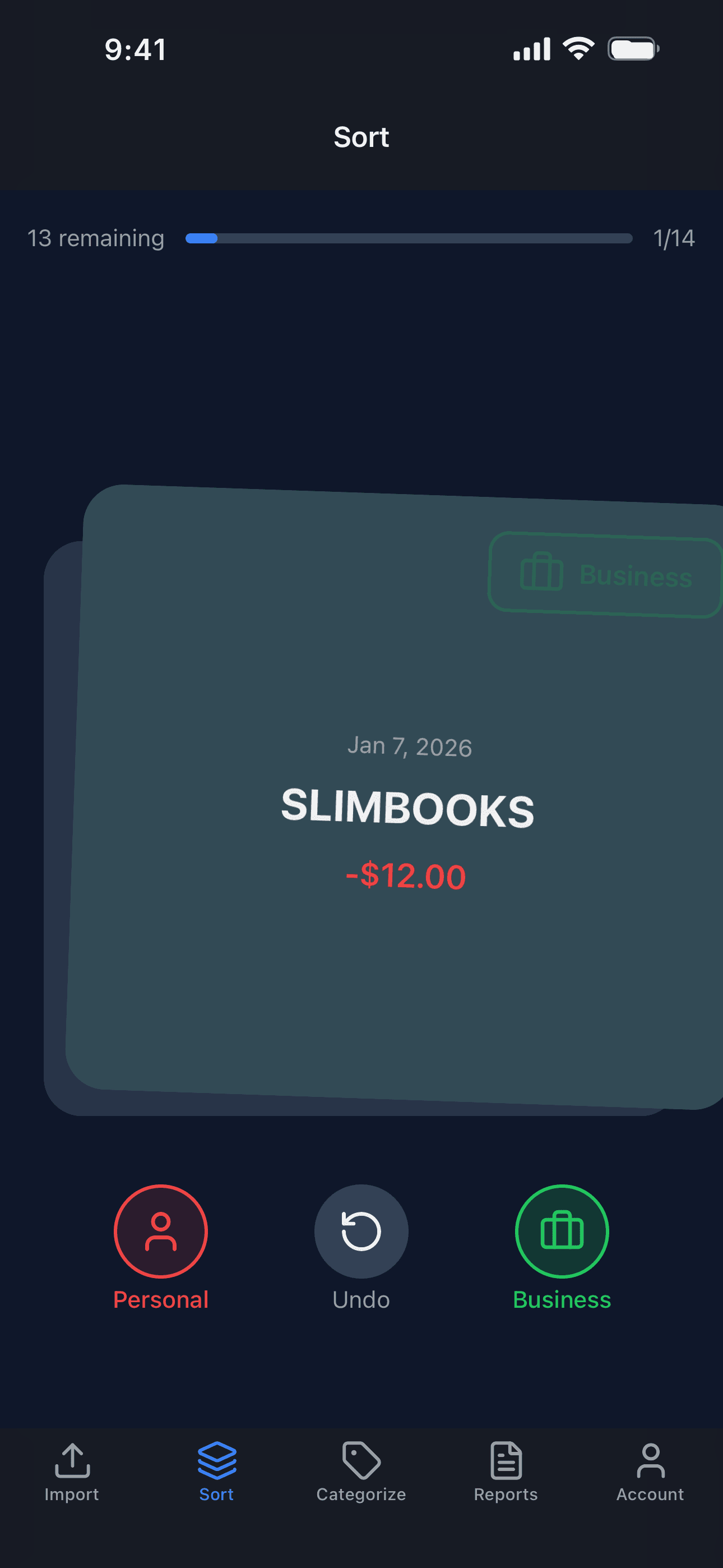 The SlimBooks Sort screen: a transaction card ready to swipe to Personal or Business